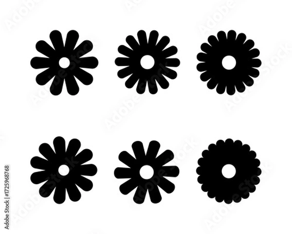 Fototapeta Black flower flat vector set. Abstract floral design silhouette and shape. Minimalist botanical elements  for decoration, logo. Chamomile, daisy simple icon set.