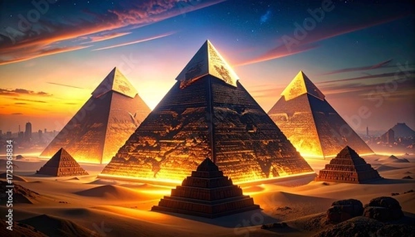 Fototapeta Majestic Pyramids in Giza at twilight, Ancient wonders under a starlit sky