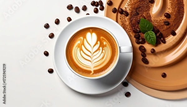 Fototapeta Artistic cappuccino with latte art and coffee bean accents on a neutral surface