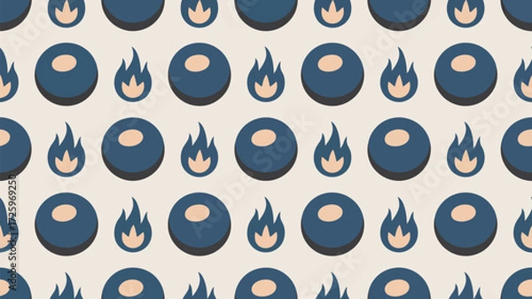 Fototapeta A seamless pattern of blue circles and flame shapes on a light beige background in a repeating arrangement