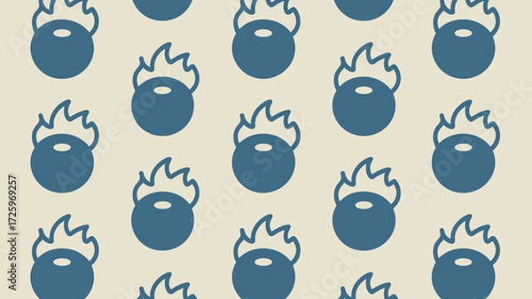 Fototapeta Repeated pattern of blue cauldron icons with flames on a light beige background design element