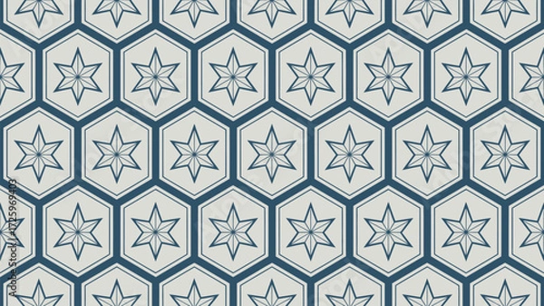 Fototapeta A repeating pattern of six pointed stars inside hexagons with a blue outline forming a wallpaper design