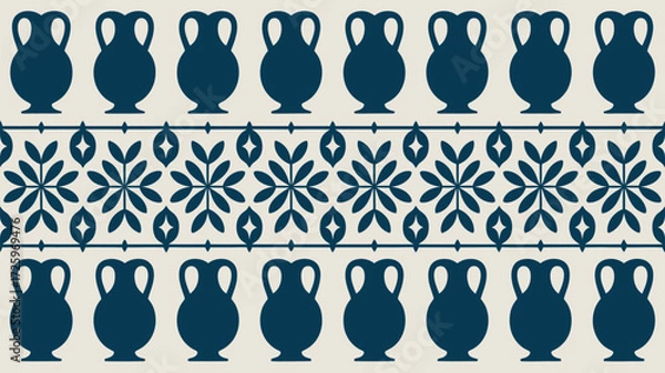 Fototapeta Pattern with rows of dark blue amphoras and floral designs on a light beige background surface art