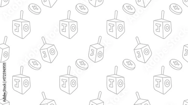 Fototapeta A repeating pattern of outlined dreidels and gelt on a white background for hanukkah celebrations