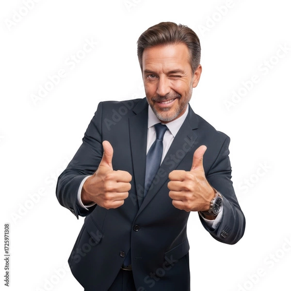 Obraz Smiling businessman in a suit giving two thumbs up gesture of approval and success isolated on transparent background
