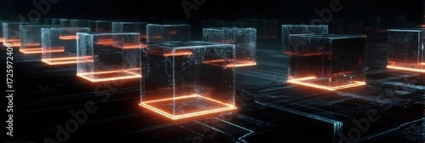 Fototapeta Abstract glowing glass cubes representing connectivity and data
