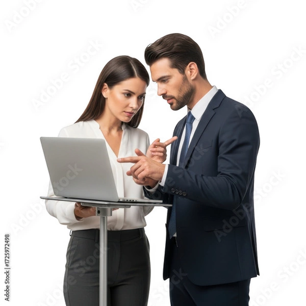 Obraz Focused business professionals collaborating on a laptop presentation sharing ideas and strategies isolated on transparent background