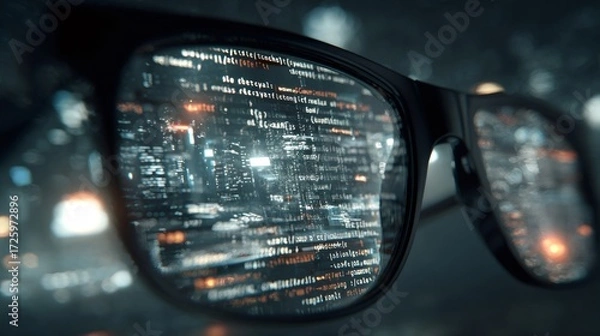 Fototapeta Glasses reflecting city lights and binary code programming