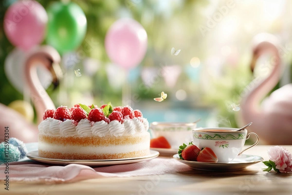 Fototapeta Raspberry and Cream Cake with Tea at an Outdoor Summer Party