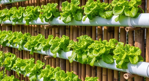 Fototapeta Lush green lettuce thrives in a modern hydroponic vertical farm, highlighting sustainable and efficient agricultural practices for fresh, healthy, organic produce
