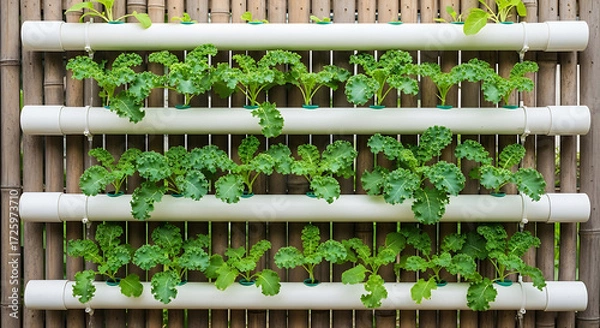 Fototapeta Vertical hydroponic garden system with fresh green kale plants growing in nutrient solution, innovative urban farming