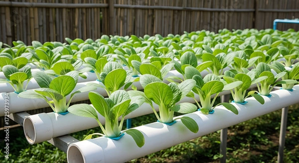 Fototapeta Hydroponic cultivation of leafy green vegetables in a vertical farm system