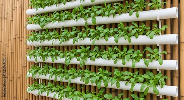 Fototapeta Fresh arugula growing in a soilless vertical farming setup using a hydroponic pipe system for urban agriculture