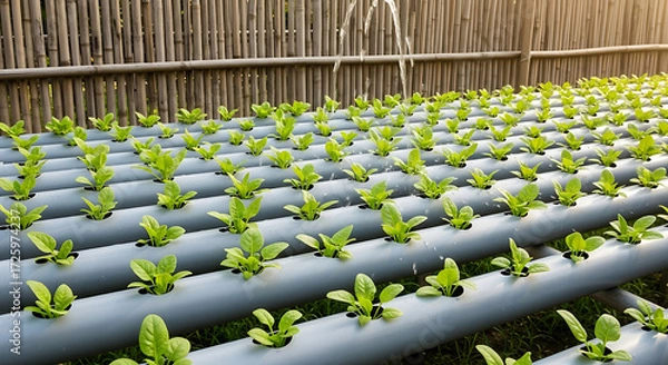 Fototapeta Rows of vibrant green lettuce seedlings thriving in a soilless hydroponic pipeline system with active irrigation