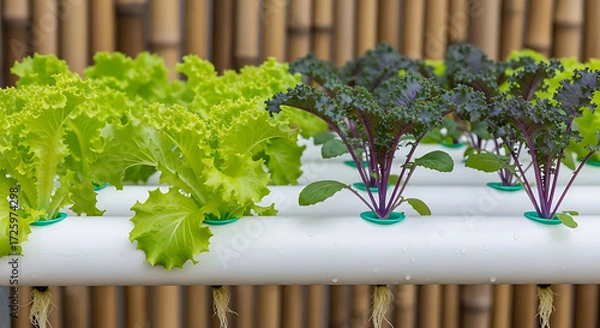 Fototapeta Hydroponic cultivation of leafy greens fresh lettuce and kale growing in a water-based system with a bamboo backdrop