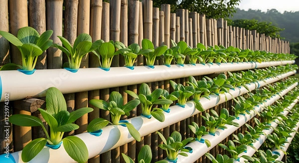 Fototapeta Hydroponic farming setup with rows of leafy green plants growing in PVC pipes under natural light