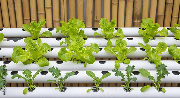 Fototapeta Hydroponic growing system with fresh green lettuce and kale plants in tubes under a bamboo wall