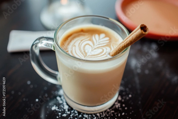 Fototapeta Delicious Latte with Cinnamon Stick and Latte Art