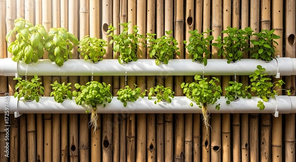 Fototapeta Soilless cultivation of fresh herbs in a vertical hydroponic garden, representing the future of sustainable agriculture and clean eating