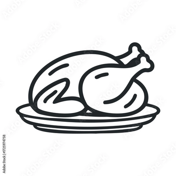 Fototapeta Delicious roasted chicken on a serving plate for dinner. Vector black icon