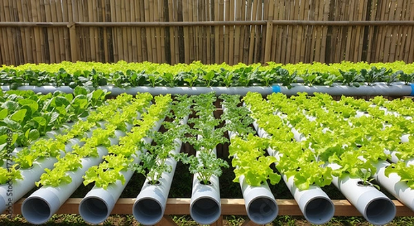 Fototapeta Rows of fresh, healthy green lettuce growing in a hydroponic farm system, showcasing sustainable agriculture