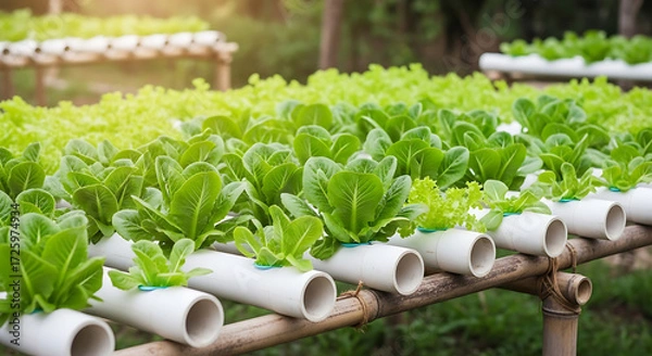 Fototapeta Vibrant green lettuce growing in a soilless hydroponic system, a modern and sustainable approach to agriculture and food production