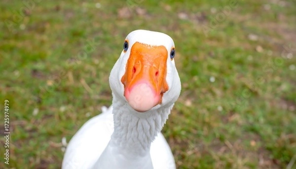 Fototapeta An up-close shot of a white goose with an orange beak on a grass background