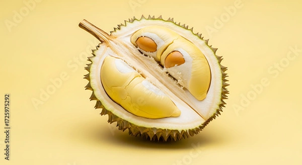 Fototapeta A fresh ripe durian fruit cut in half showing the creamy yellow flesh and large seeds inside, isolated on a simple yellow background