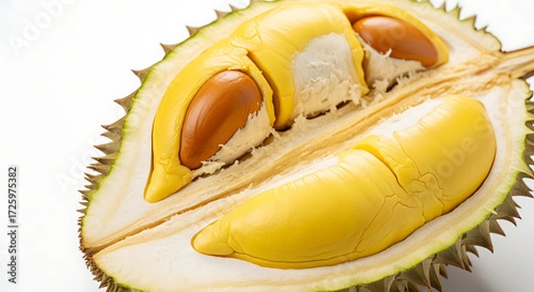 Fototapeta Close-up of a ripe durian fruit sliced open, revealing its creamy yellow flesh and large seeds against a white background