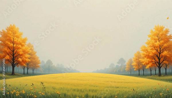 Fototapeta Warm autumn meadow framed by golden birch trees, soft orange and beige tones, elegant colored pencil style.