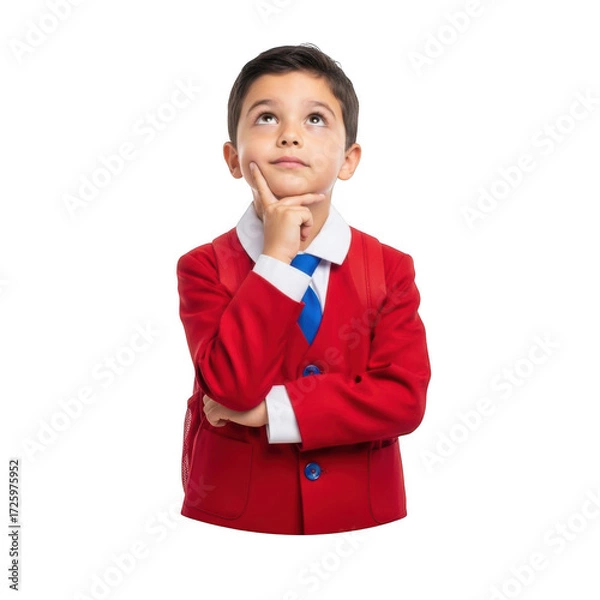 Obraz A young boy wearing a red blazer and blue tie pondering deeply with his finger on his chin isolated on transparent background