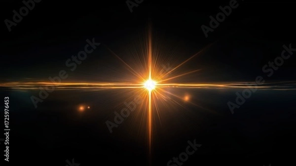Fototapeta Golden cross-shaped light burst with glowing rays on dark background, abstract spiritual sun flare, religious symbolism, cinematic star effect, light leak overlay for design.