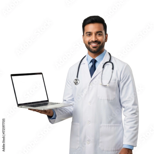 Obraz Smiling indian medical professional wearing a white lab coat and stethoscope holding a laptop isolated on transparent background