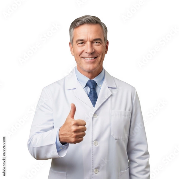Obraz Smiling middle aged male doctor wearing white lab coat and blue tie giving thumbs up gesture isolated on transparent background