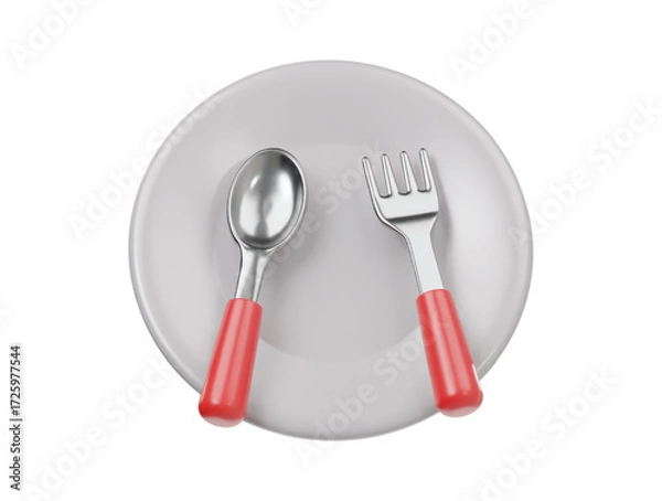 Fototapeta Silver spoon , fork with  plate icon render illustration