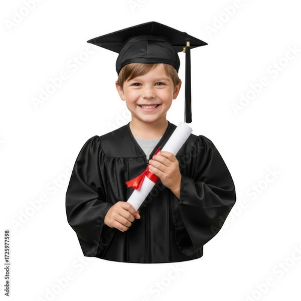 Obraz Joyful young student wearing a graduation cap and gown holding a diploma signifying academic achievement isolated on transparent background