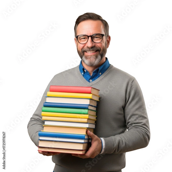 Obraz Smiling mature man with glasses holding a tall stack of colorful books isolated on transparent background