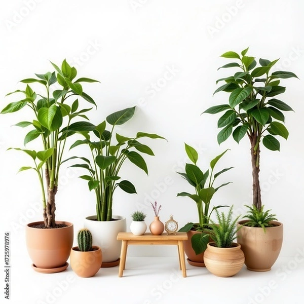 Fototapeta Lush Indoor Plants in Stylish Pots on Minimalist Setting