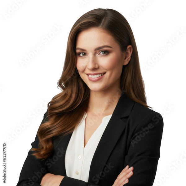 Obraz Professional businesswoman with long wavy brown hair smiling confidently with arms crossed isolated on transparent background