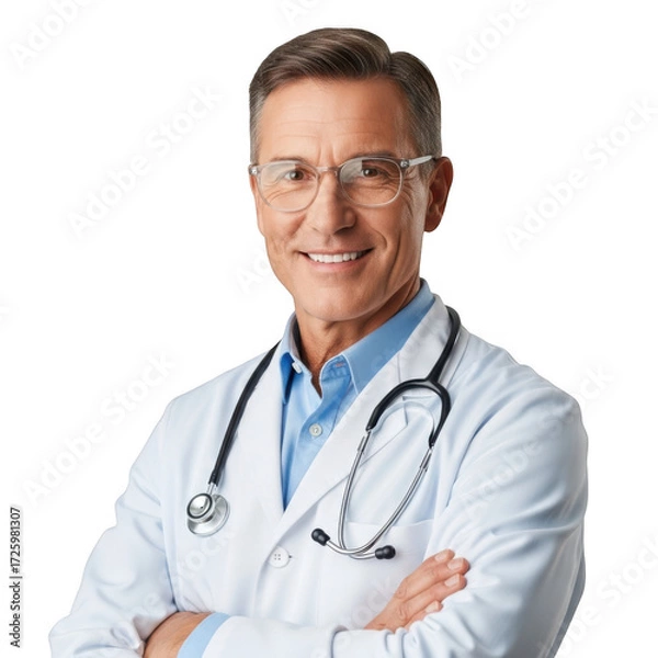 Obraz Smiling middle aged male physician wearing a white lab coat and stethoscope with arms crossed isolated on transparent background
