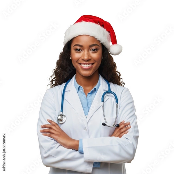 Obraz Smiling young woman doctor wearing a festive red santa hat and white lab coat with stethoscope isolated on transparent background