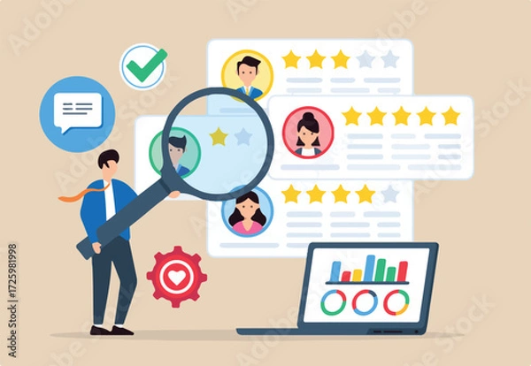 Fototapeta Interpreting client reviews and surveys, improving products and services concept vector illustration. Business analyst analyzing customer feedback