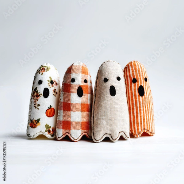 Fototapeta Four small handmade ghosts made of fabric on a light background. Handmade, rustic style. Charmingly creepy Halloween decoration. AI generated. Square