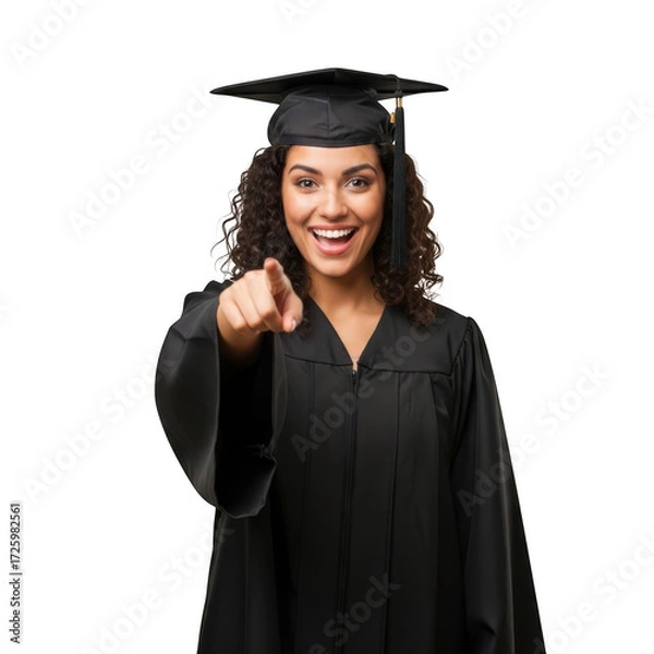 Obraz Joyful young woman wearing graduation cap and gown pointing forward with a smile isolated on transparent background