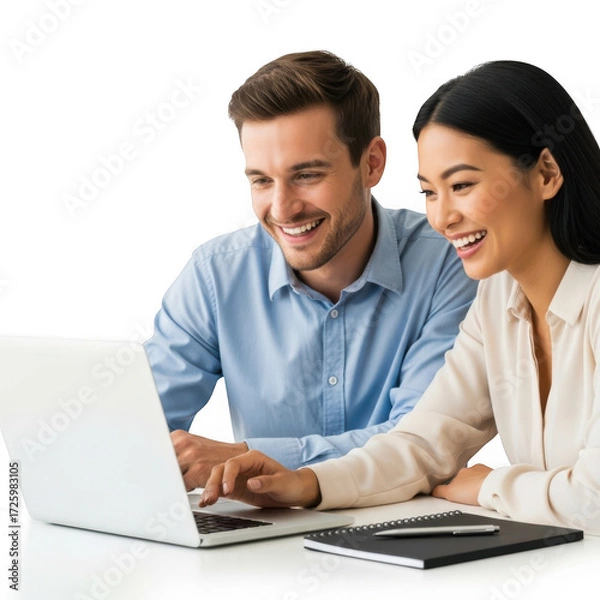 Obraz Smiling man and woman collaborating enthusiastically while working together on a laptop computer isolated on transparent background