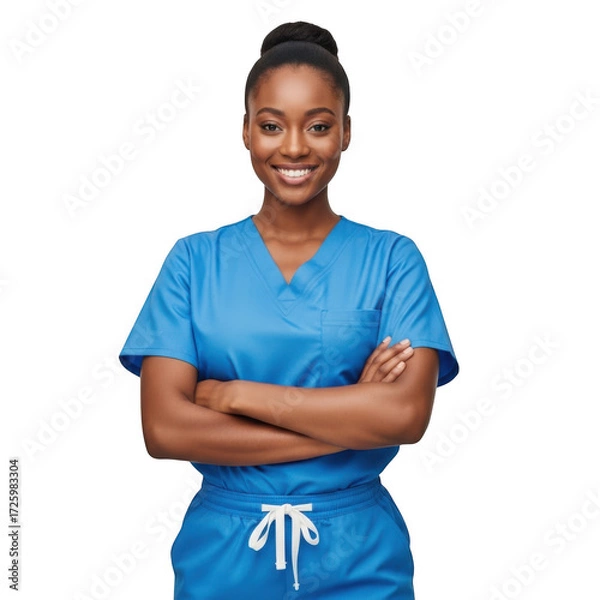 Obraz A smiling female healthcare professional wearing blue scrubs with arms crossed isolated on transparent background