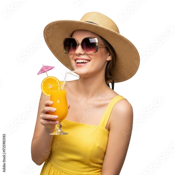 Obraz Smiling woman wearing a wide brim hat and sunglasses enjoys a refreshing orange drink isolated on transparent background