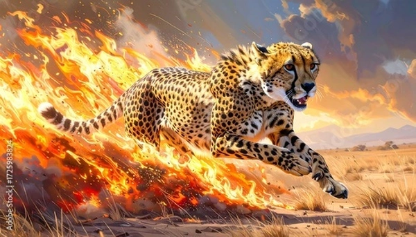 Fototapeta Fiery cheetah running across a savanna