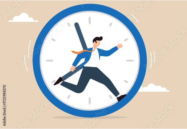 Fototapeta Businessman running and hurry in time clock in flat design