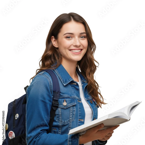 Obraz A smiling young woman wearing a denim jacket and backpack holding an open book isolated on transparent background